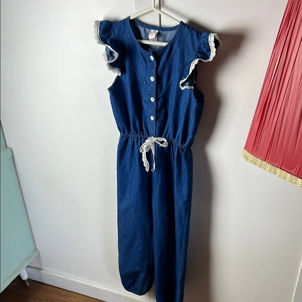 Kids Blue and White Flutter Sleeve Lace Bow Jumpsuit Coastal Sailor Style Romper - Picture 3 of 7